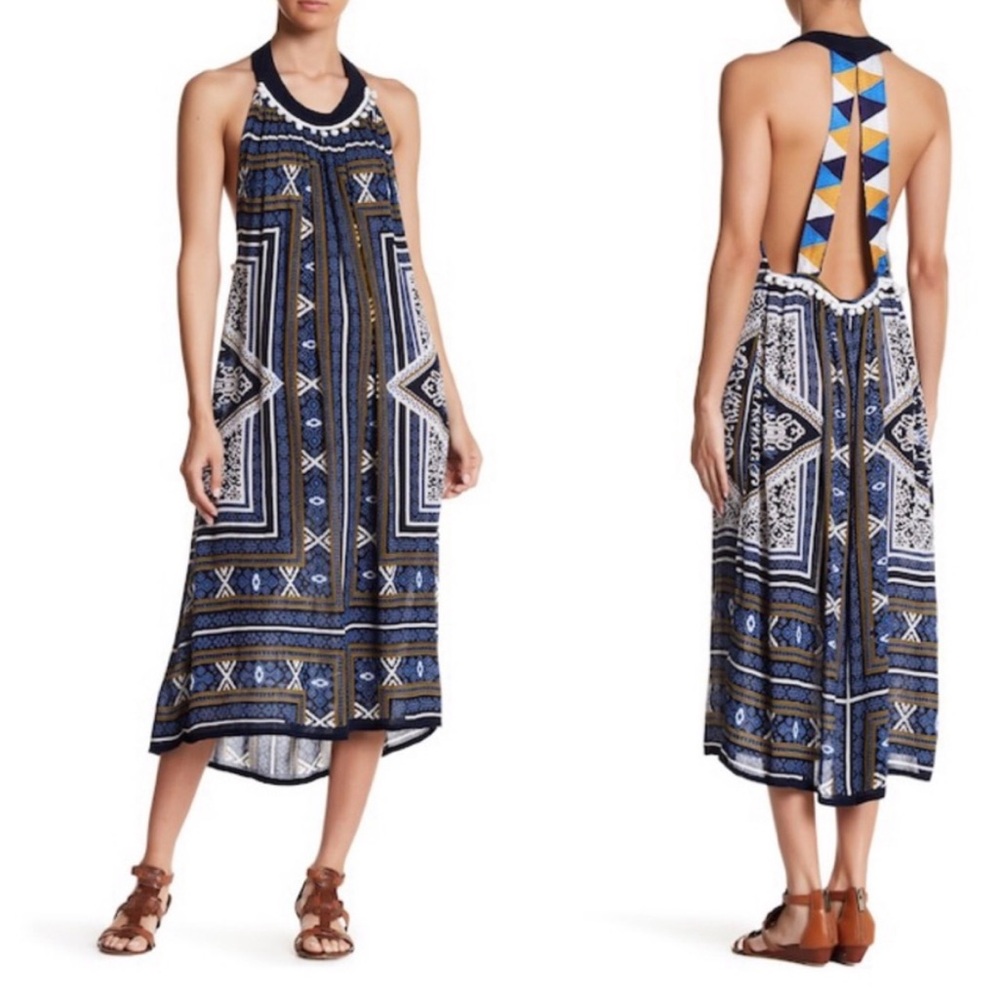 RAGA Riviera Maya Geometric Pom Pom Halter Neck Open Strappy‎ Back Sundress Midi